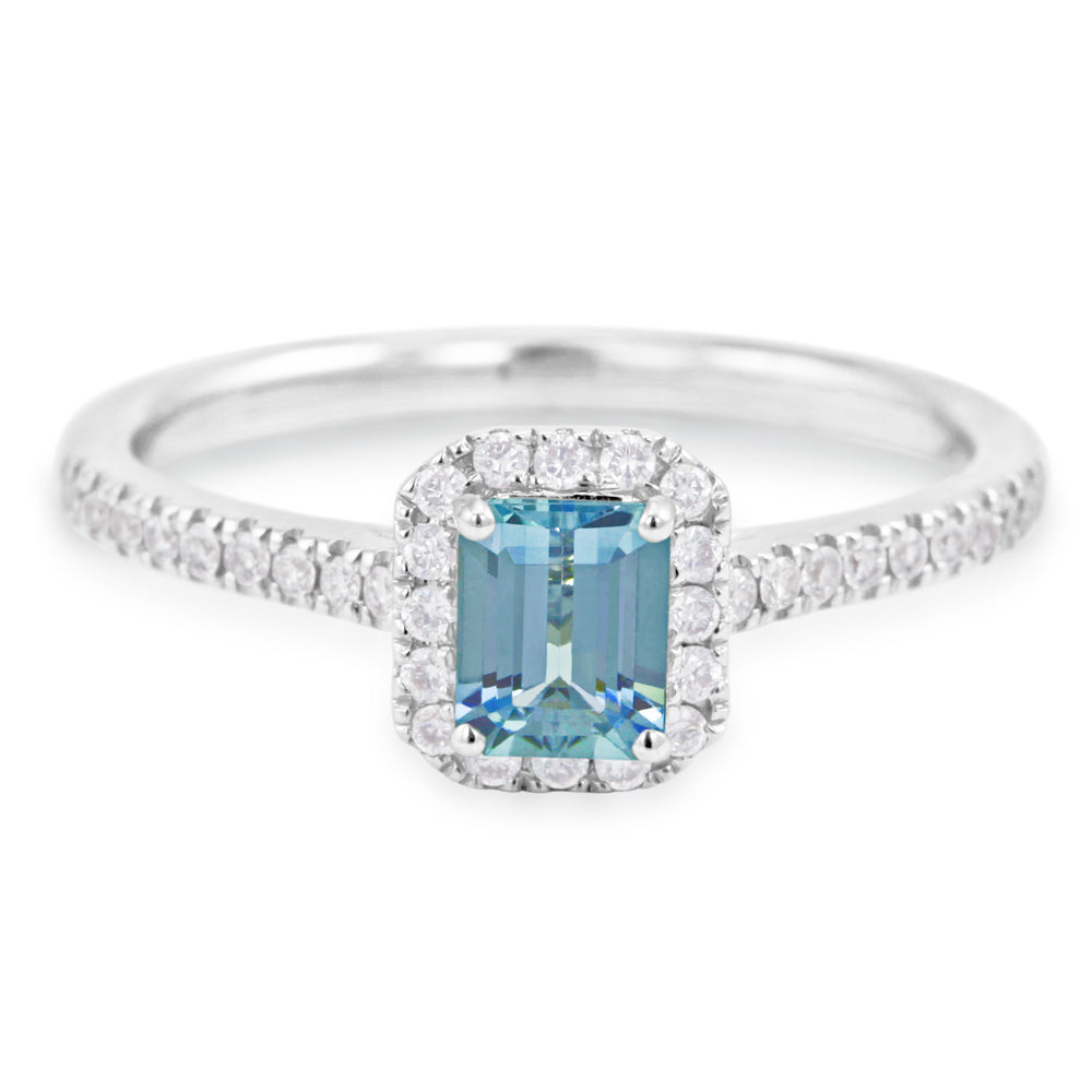 18ct White Gold 0.38ct Emerald Cut Aquamarine And 0.18ct Diamond Halo And Shoulders Ring