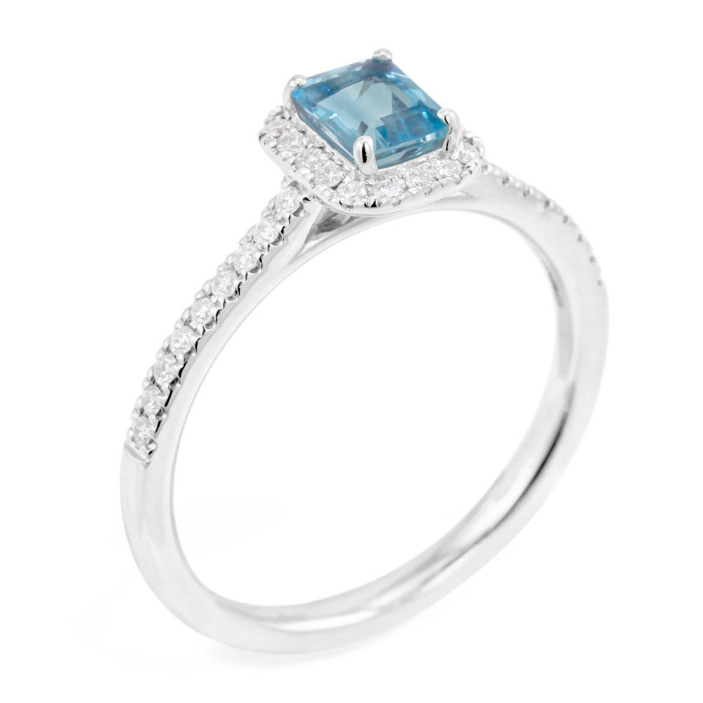 18ct White Gold 0.38ct Emerald Cut Aquamarine And 0.18ct Diamond Halo And Shoulders Ring