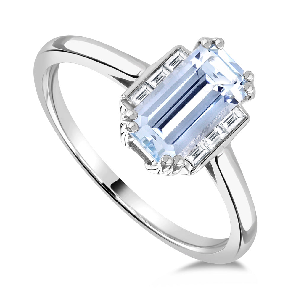 Platinum 3.77ct Long Octagon Cut Aquamarine And 0.28ct Baguette Cut Diamond Ring