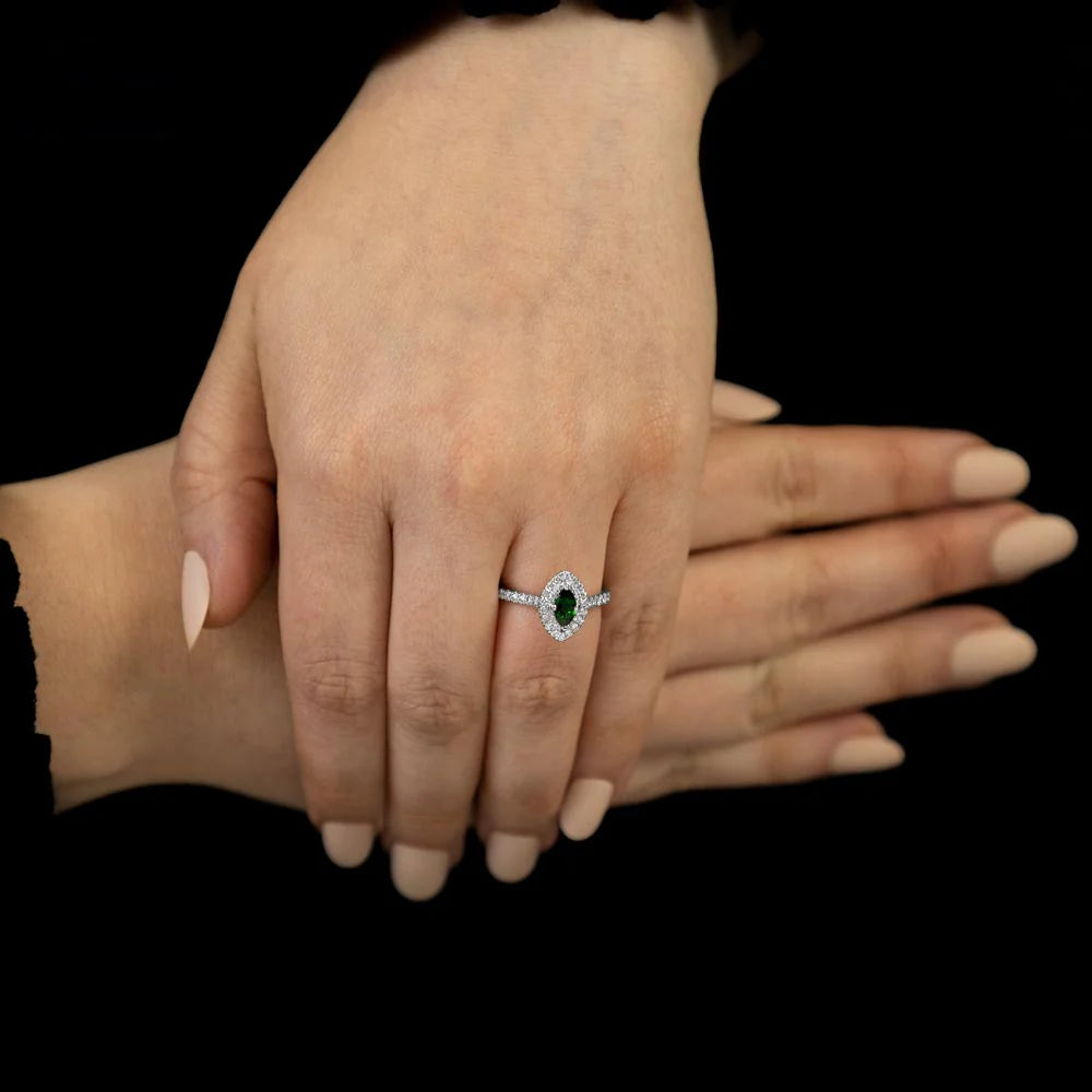 The Skye Duo Platinum 0.40ct Marquise Cut Green Tourmaline Ring With 0.41ct Double Diamond Halo And Diamond Set Shoulders