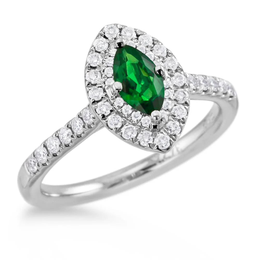 The Skye Duo Platinum 0.40ct Marquise Cut Green Tourmaline Ring With 0.41ct Double Diamond Halo And Diamond Set Shoulders