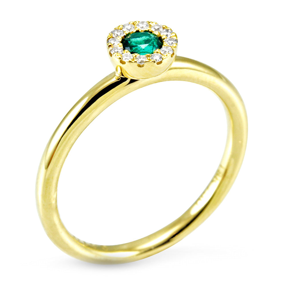 18ct Yellow Gold 0.16ct Emerald And 0.07ct Diamond Halo Ring