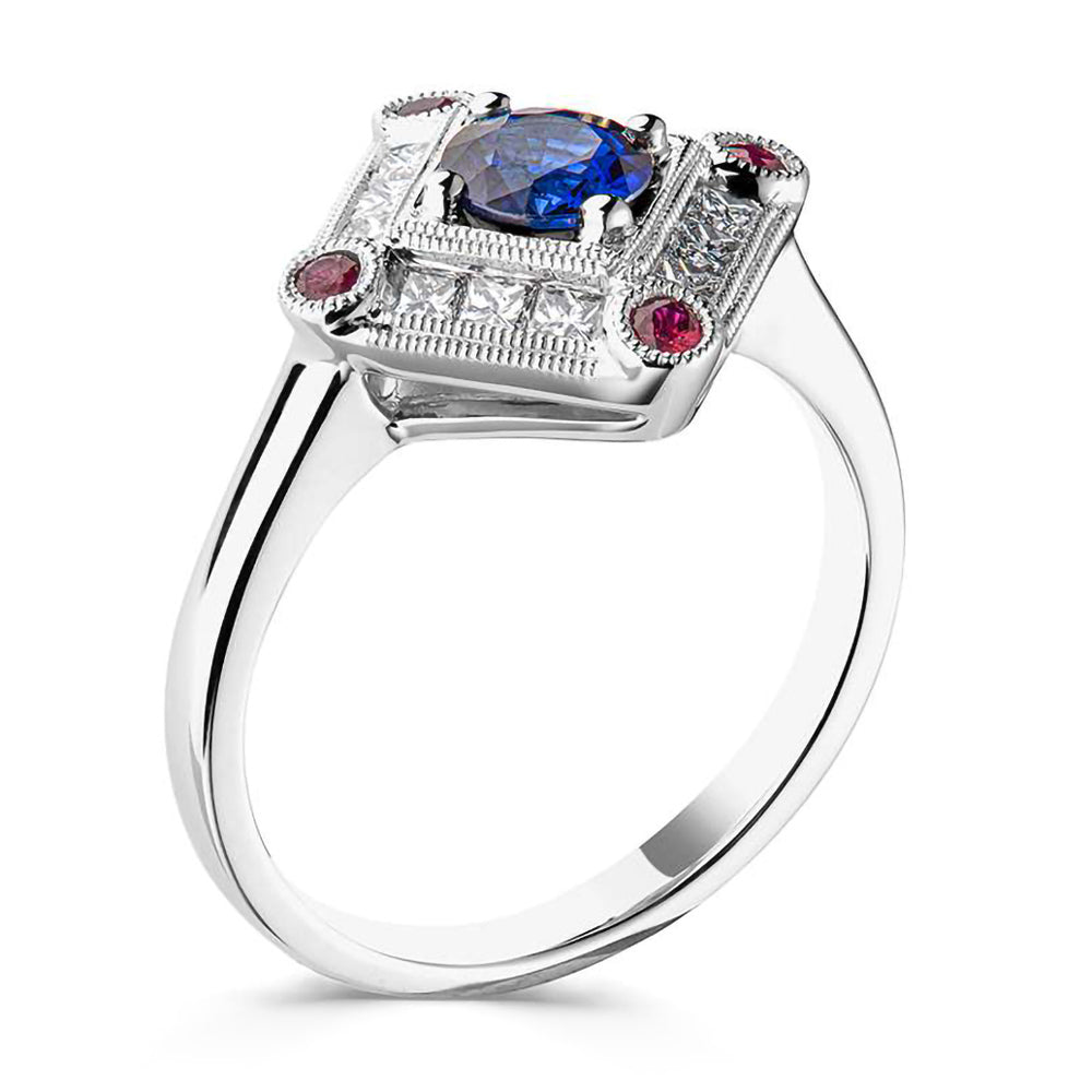 Platinum 0.62ct Blue Sapphire, 0.12ct Ruby And 0.34ct Diamond Vintage Inspired Ring