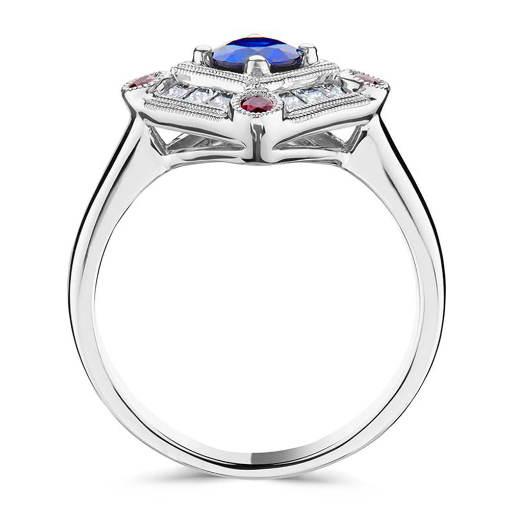 Platinum 0.62ct Blue Sapphire, 0.12ct Ruby And 0.34ct Diamond Vintage Inspired Ring