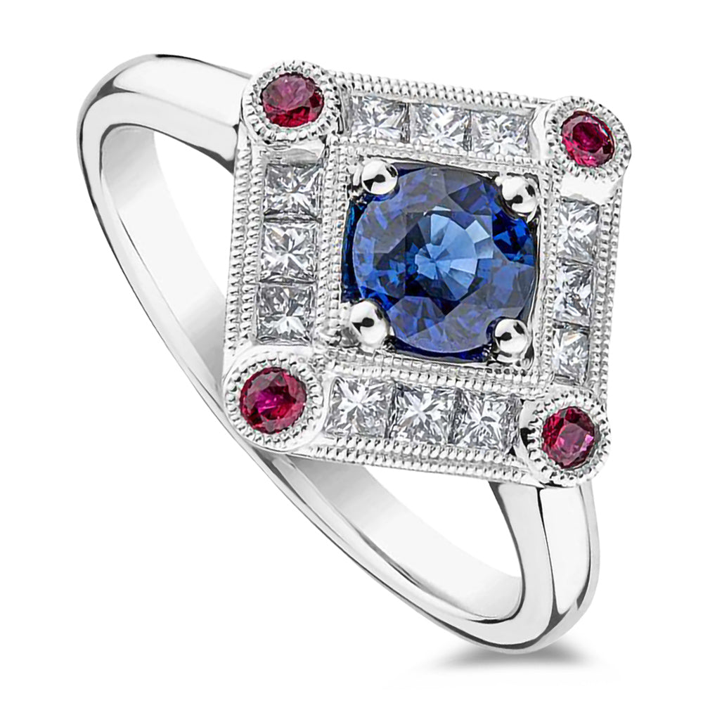 Platinum 0.62ct Blue Sapphire, 0.12ct Ruby And 0.34ct Diamond Vintage Inspired Ring