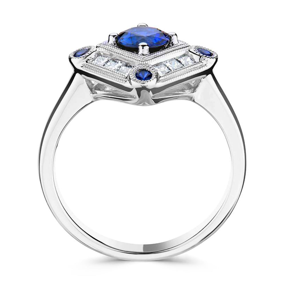 Platinum 0.74ct Blue Sapphire And 0.34ct Diamond Vintage Inspired Ring