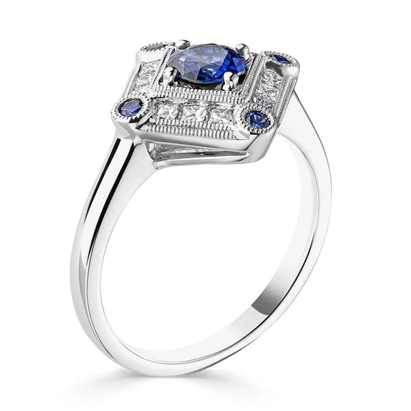 Platinum 0.74ct Blue Sapphire And 0.34ct Diamond Vintage Inspired Ring
