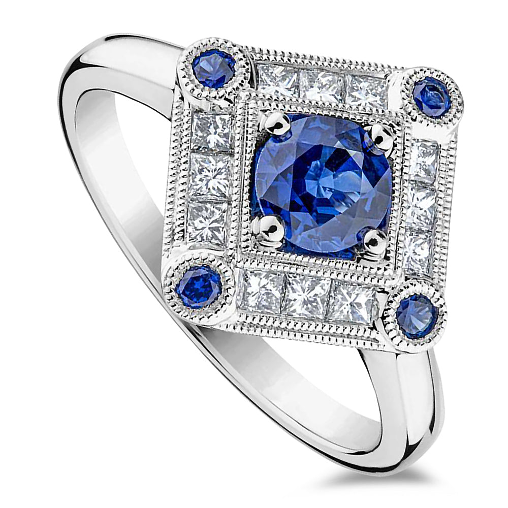 Platinum 0.74ct Blue Sapphire And 0.34ct Diamond Vintage Inspired Ring