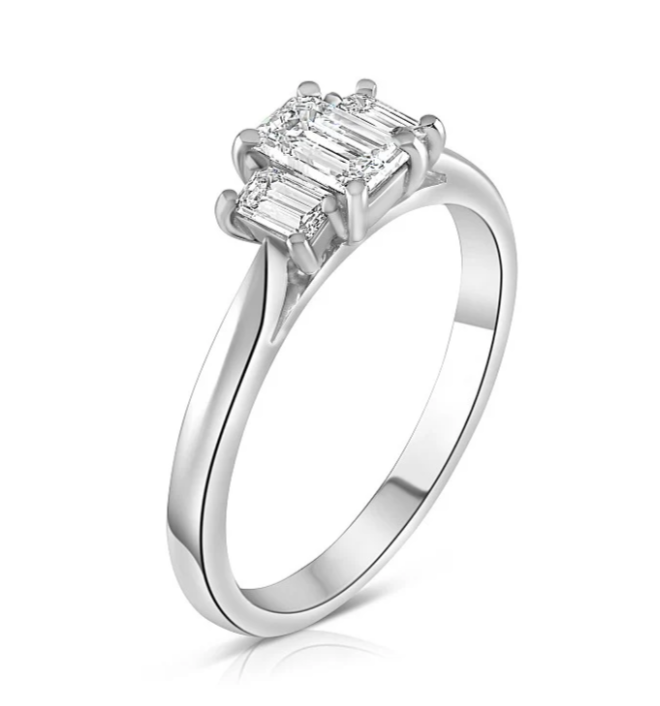 Platinum 2.00ct Emerald Cut Laboratory Grown Diamond Three Stone Engagement Ring