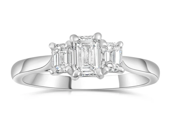 Platinum 2.00ct Emerald Cut Laboratory Grown Diamond Three Stone Engagement Ring