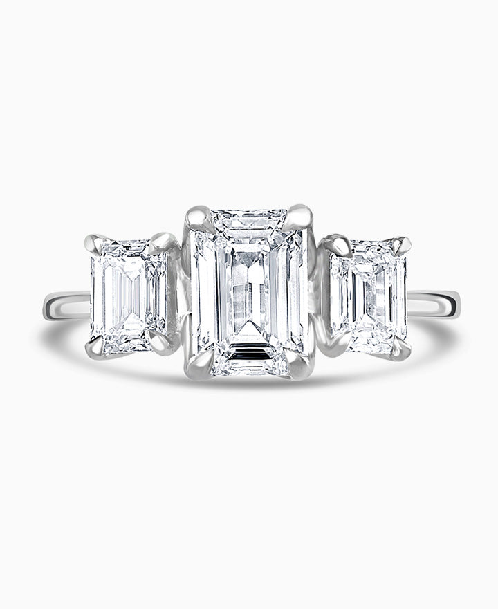 Platinum 2.50ct Emerald Cut Laboratory Grown Diamond Three Stone Engagement Ring