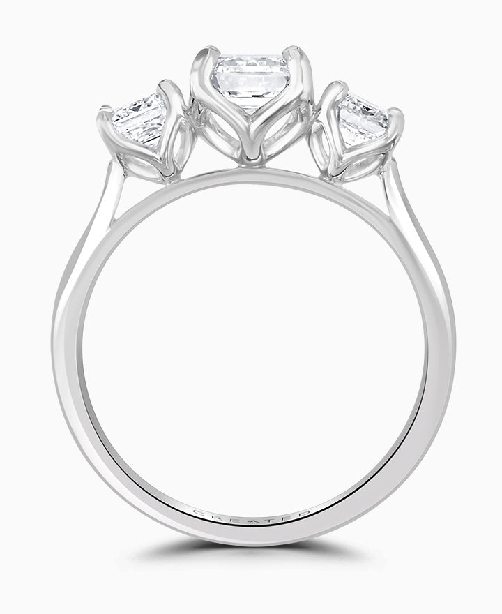 Platinum 2.50ct Emerald Cut Laboratory Grown Diamond Three Stone Engagement Ring