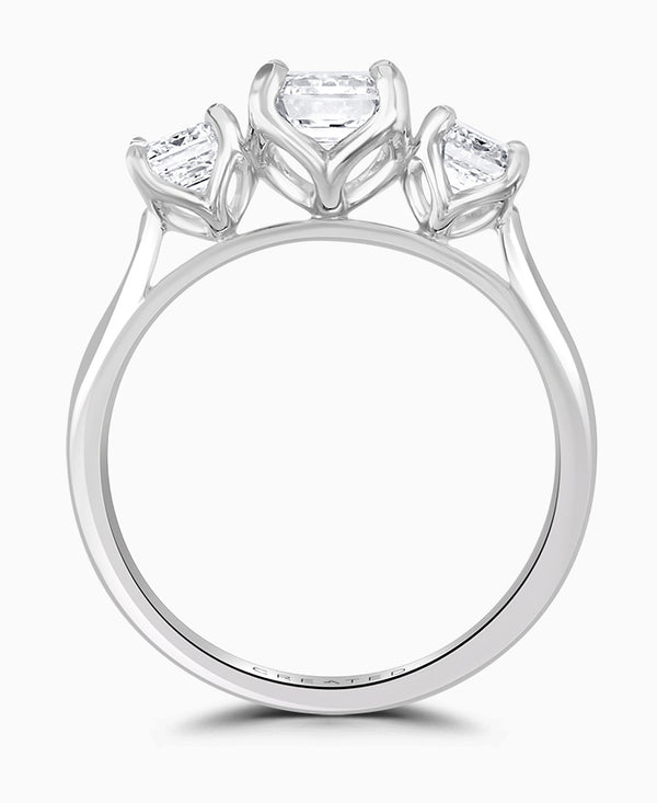 Platinum 2.50ct Emerald Cut Laboratory Grown Diamond Three Stone Engagement Ring