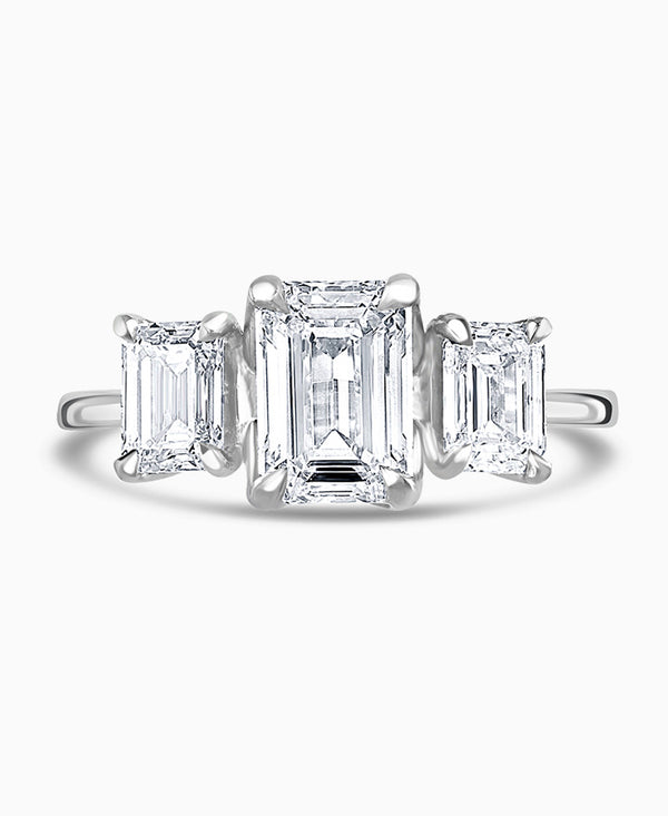Platinum 2.50ct Emerald Cut Laboratory Grown Diamond Three Stone Engagement Ring