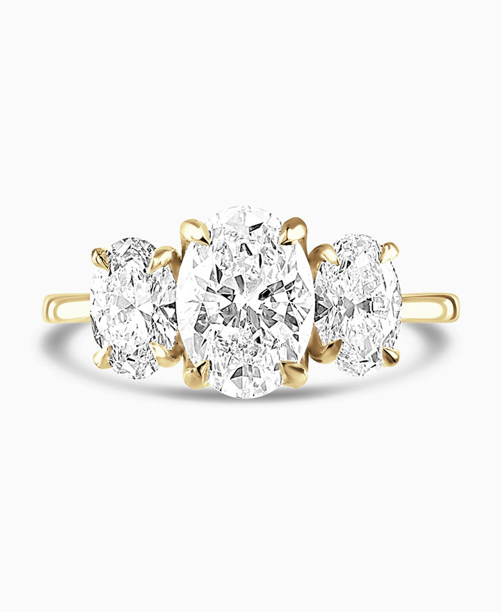 18ct Yellow Gold 2.01ct Oval Cut Laboratory Grown Diamond Three Stone Engagement Ring
