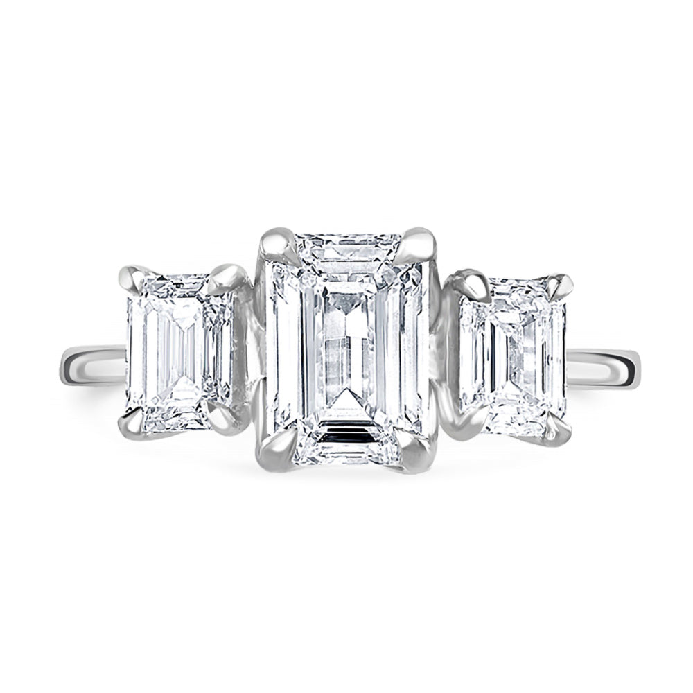 Platinum 2.51ct Emerald Cut Laboratory Grown Diamond Three Stone Engagement Ring