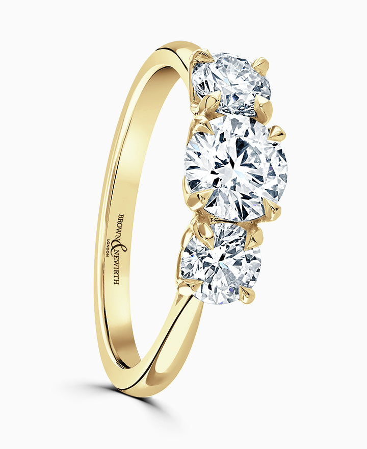 18ct Yellow Gold 1.30ct Round Brilliant Cut Laboratory Grown Diamond Three Stone Engagement Ring