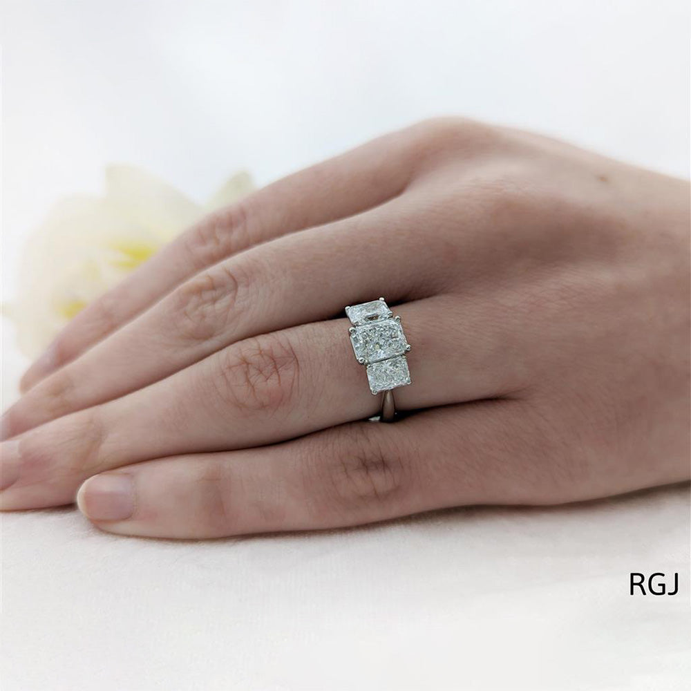 Platinum 3.18ct Radiant Cut Laboratory Grown Diamond Three Stone Engagement Ring