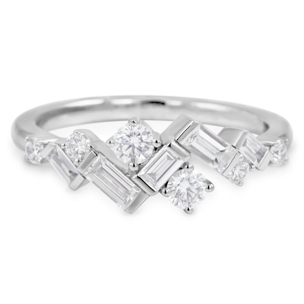 18ct White Gold 0.71ct Baguette And Round Brilliant Cut Diamond Zig Zag Fancy Ring