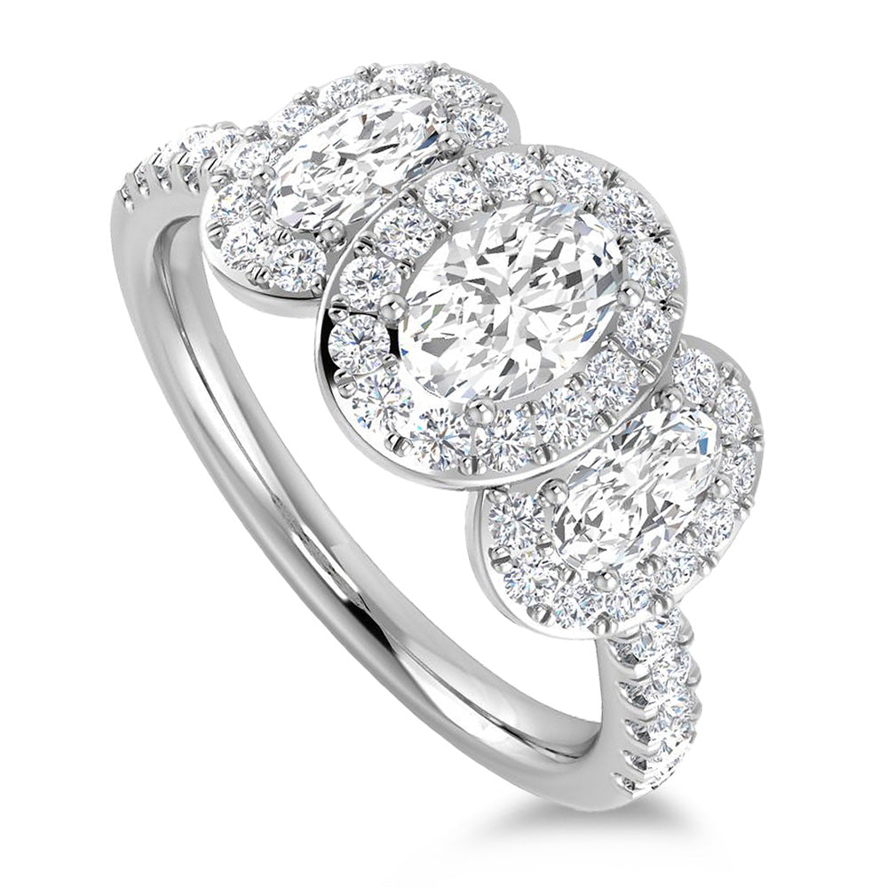 Platinum 1.30ct Oval Cut Diamond Three Stone Ring With Diamond Halo And Diamond Set Shoulders