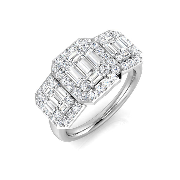 Platinum 1.16ct Baguette And Round Brilliant Cut Diamond Ring With Diamond Halo