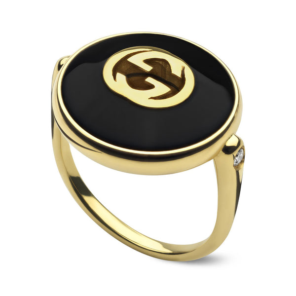 Gucci Interlocking 18ct Yellow Gold Black Onyx And Diamond Ring YBC786604001
