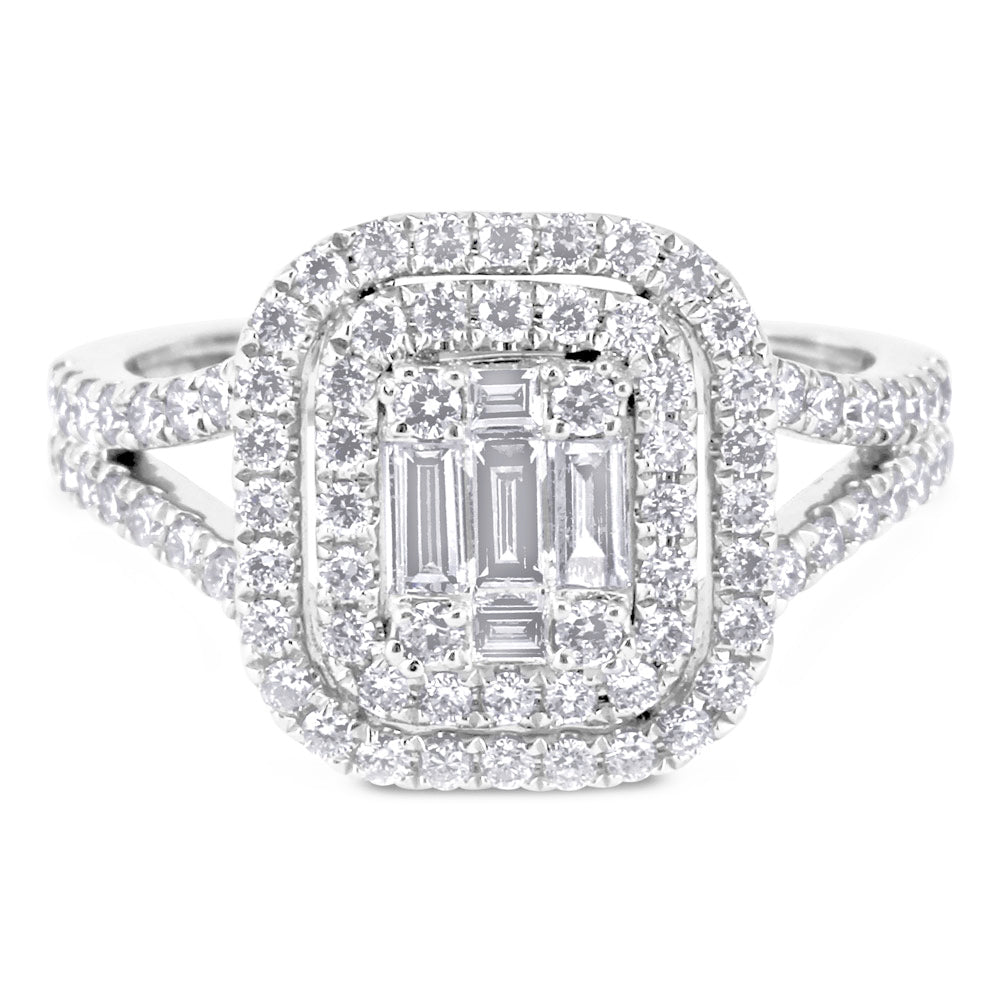 18ct White Gold 0.82ct Baguette Double Halo Diamond Ring