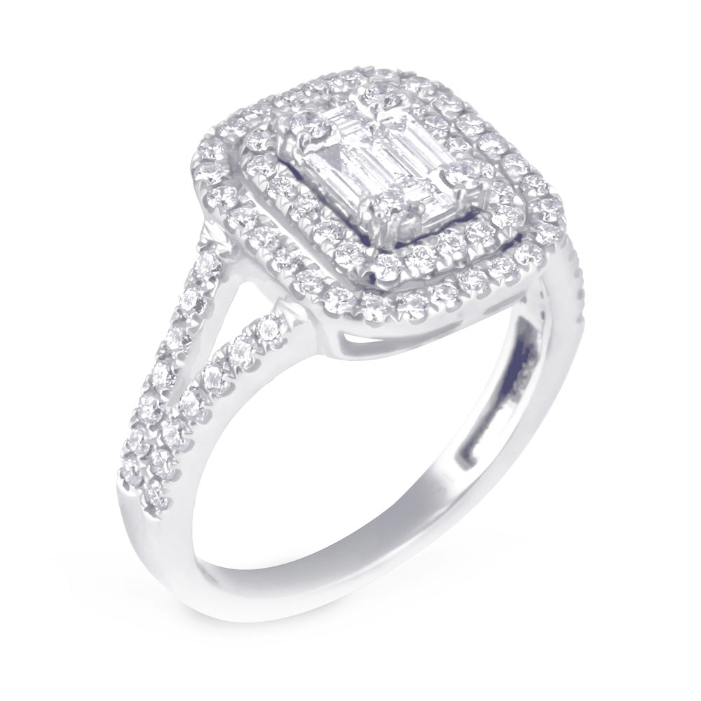 18ct White Gold 0.82ct Baguette Double Halo Diamond Ring