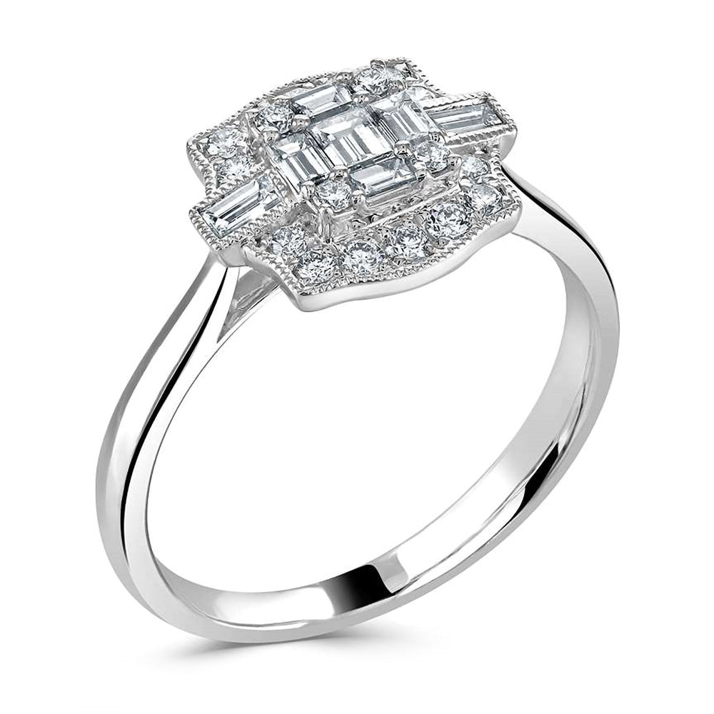 18ct White Gold 0.51ct Baguette And Round Brilliant Cut Diamond Fancy Ring