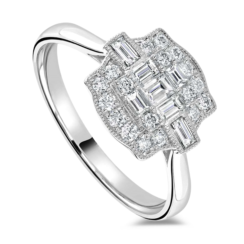 18ct White Gold 0.51ct Baguette And Round Brilliant Cut Diamond Fancy Ring