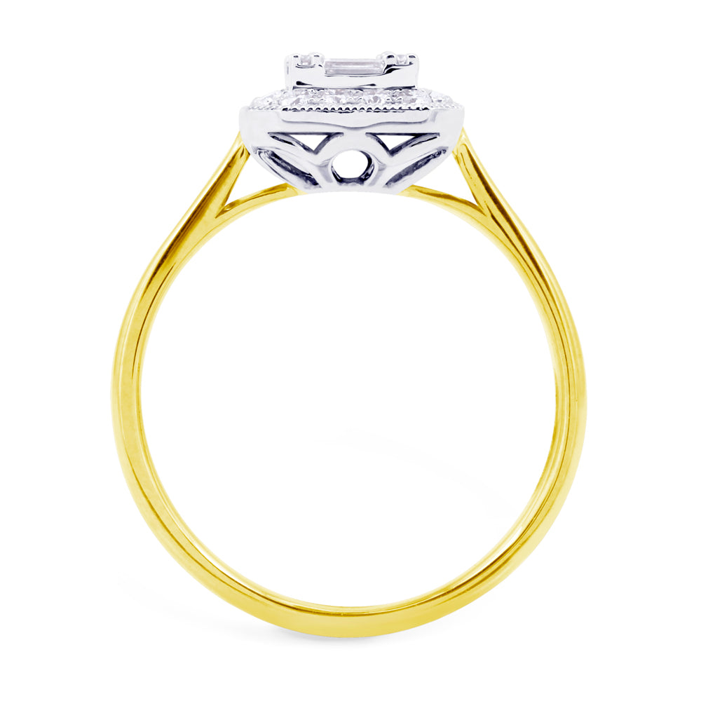18ct Yellow Gold 0.46ct Baguette And Round Brilliant Cut Diamond Fancy Halo Ring