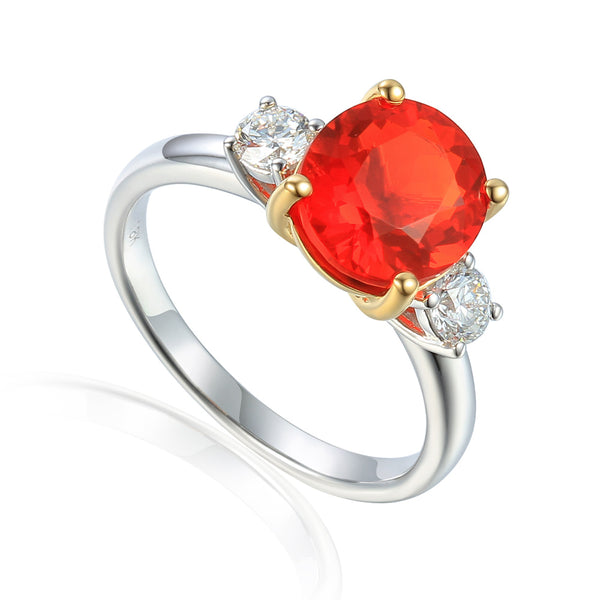 18ct White And Yellow Gold 1.89ct Fire Opal And 0.35ct Diamond Three Stone Ring