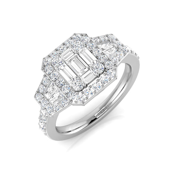 Platinum 1.11ct Baguette And Round Brilliant Cut Diamond Ring With Diamond Halo And Diamond Set Shoulders