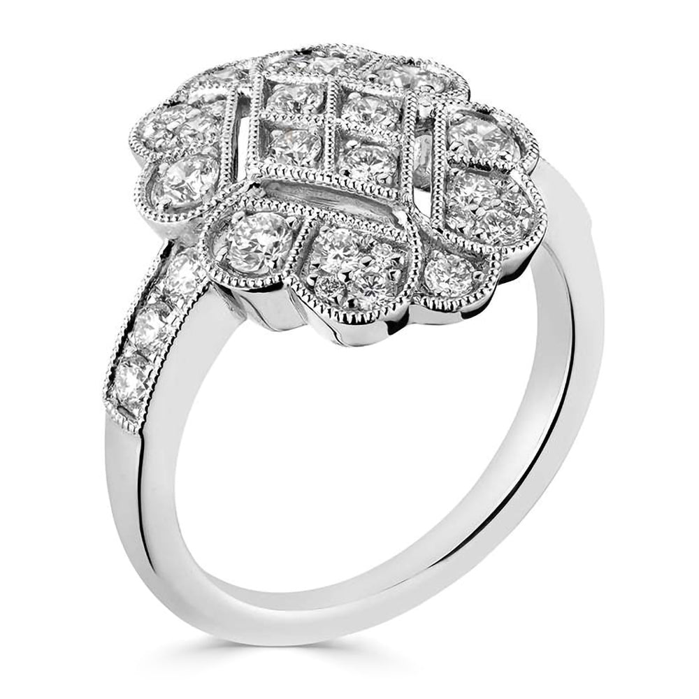 Platinum 0.87ct Round Brilliant Cut Diamond Scalloped Art Deco Ring