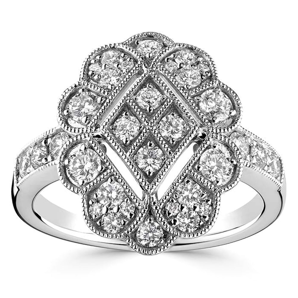 Platinum 0.87ct Round Brilliant Cut Diamond Scalloped Art Deco Ring