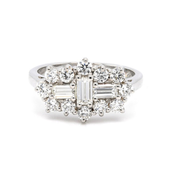 platinum 1.52ct emerald cut and round brilliant cut diamond cluster ring