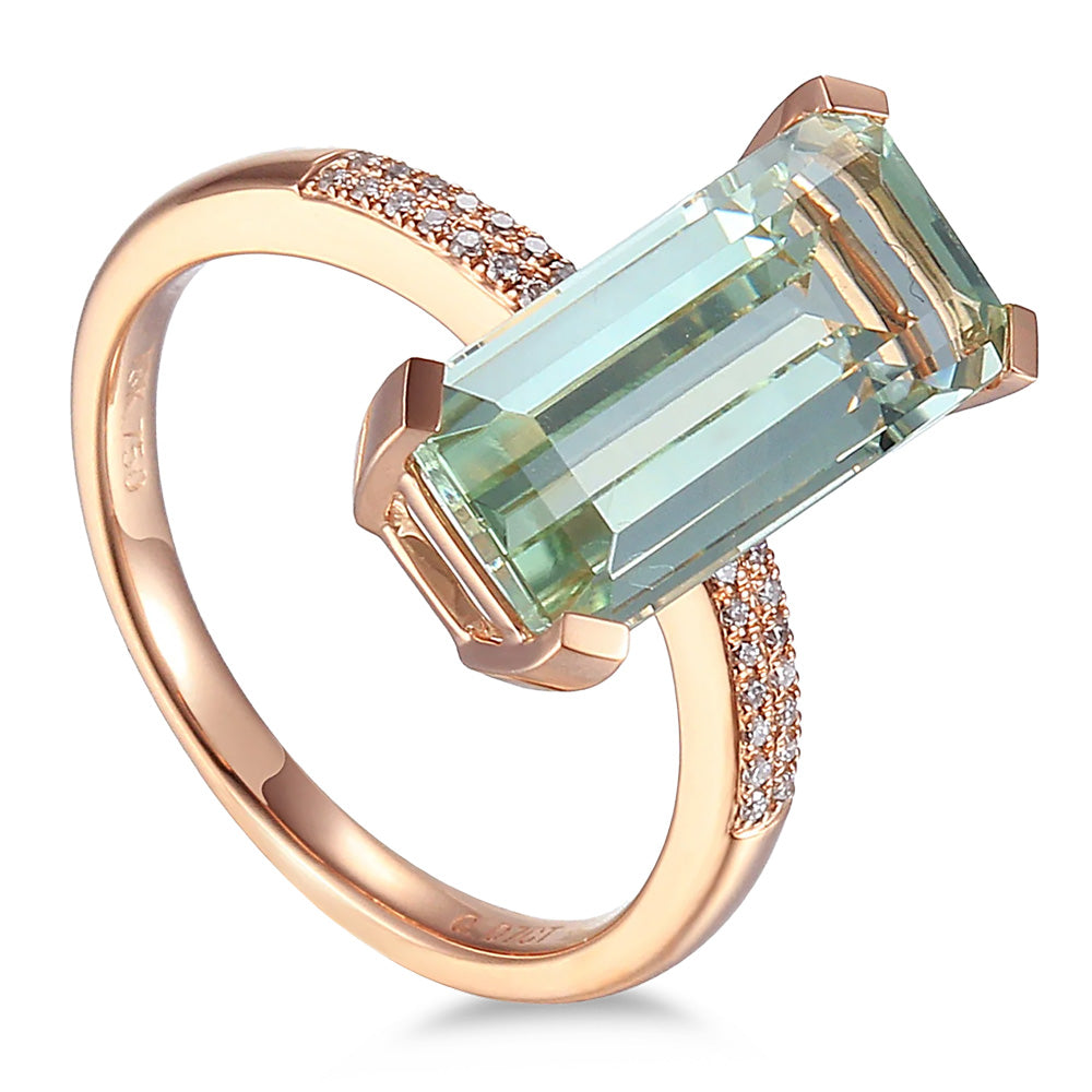 18ct Rose Gold 3.69ct Octagon cut Green Amethyst Ring With 0.07ct Diamond Set Shoulders