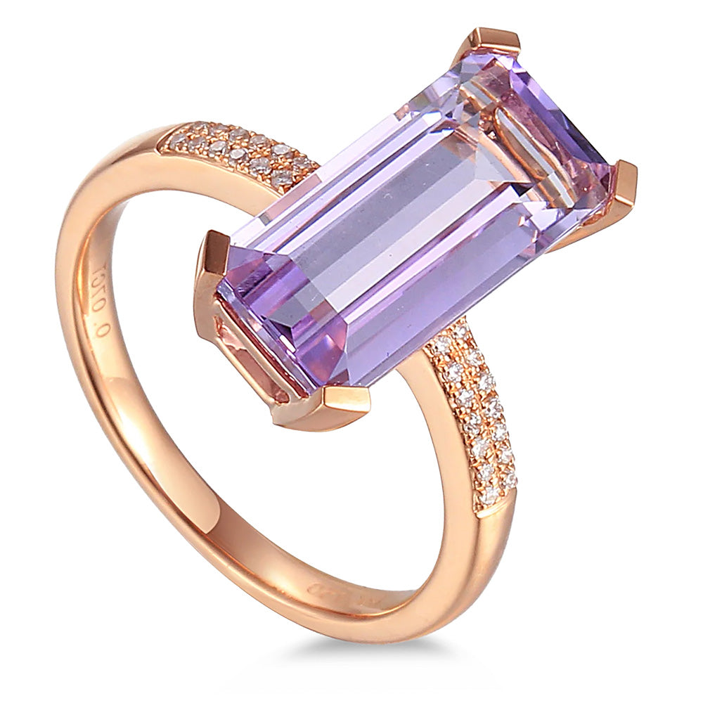 18ct Rose Gold 3.65ct Octagon Cut Pink Amethyst Ring With 0.07ct Diamond Set Shoulders