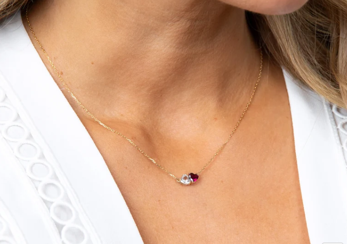 9ct Yellow Gold Toi Et Moi White Topaz And Rhodolite Garnet Heart Necklace GN413