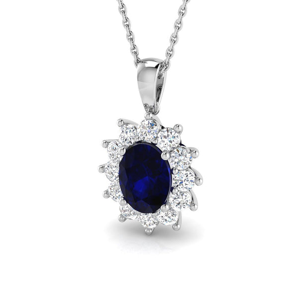 18ct White Gold 1.41ct Oval Cut Blue Sapphire And 0.54ct Round Brilliant Cut Diamond Cluster Necklace