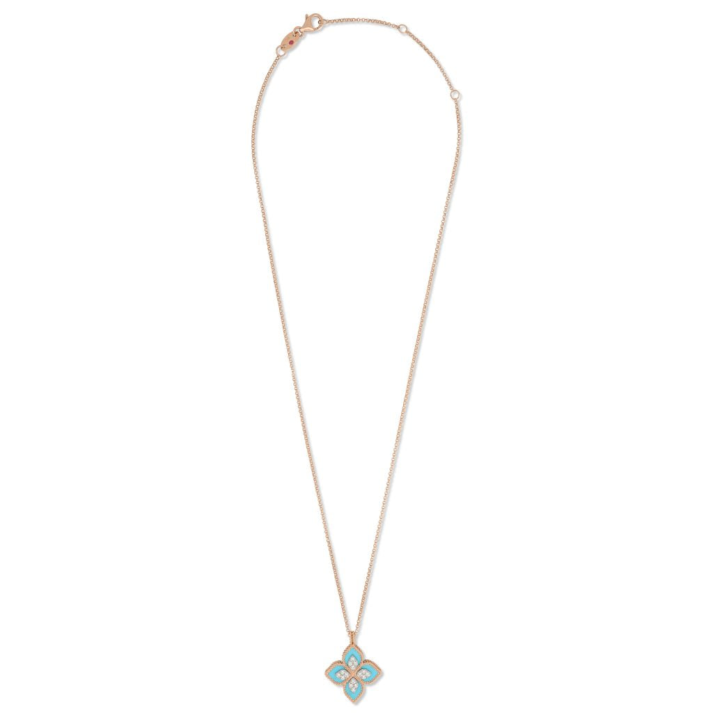 roberto coin 18ct rose gold turquoise and 0.18ct diamond princess flower necklace