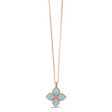 roberto coin 18ct rose gold turquoise and 0.18ct diamond princess flower necklace pendant close up