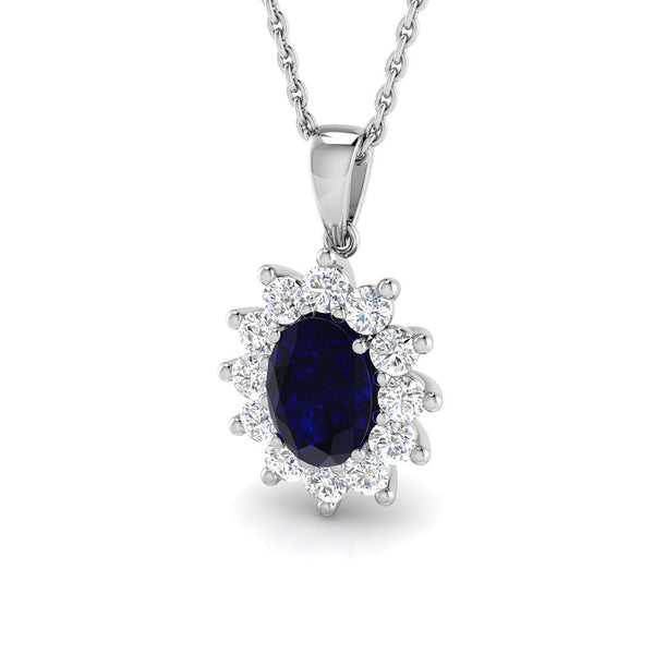 18ct White Gold 1.16ct Oval Cut Blue Sapphire And 0.40ct Diamond Cluster Necklace