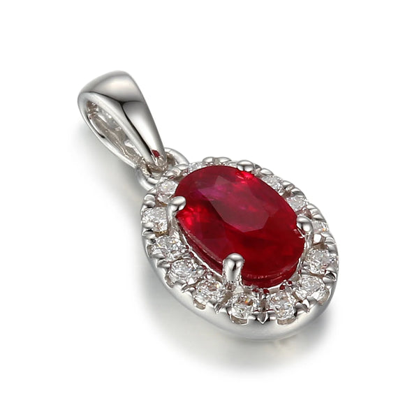 18ct White Gold 0.54ct Oval Cut Ruby Pendant With 0.12ct Diamond Halo