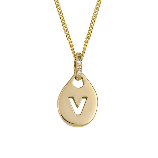 9ct Yellow Gold Initial V Organic Pendant With Diamond Detailing GP2330