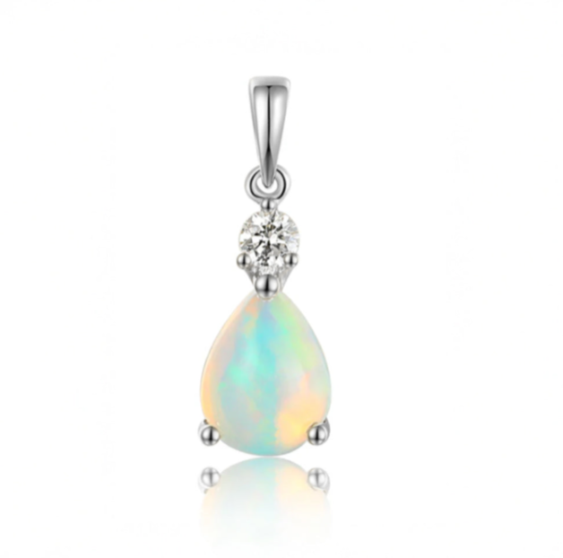9ct White Gold 0.70ct Pear Cut Opal And 0.08ct Diamond Pendant Only