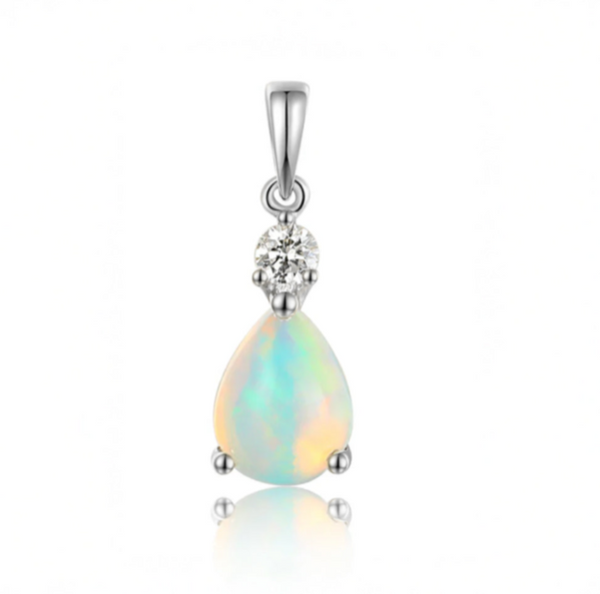 9ct White Gold 0.70ct Pear Cut Opal And 0.08ct Diamond Pendant Only