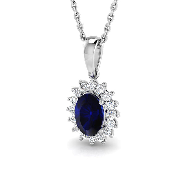 18ct White Gold 0.67ct Oval Cut Blue Sapphire And 0.15ct Diamond Cluster Necklace