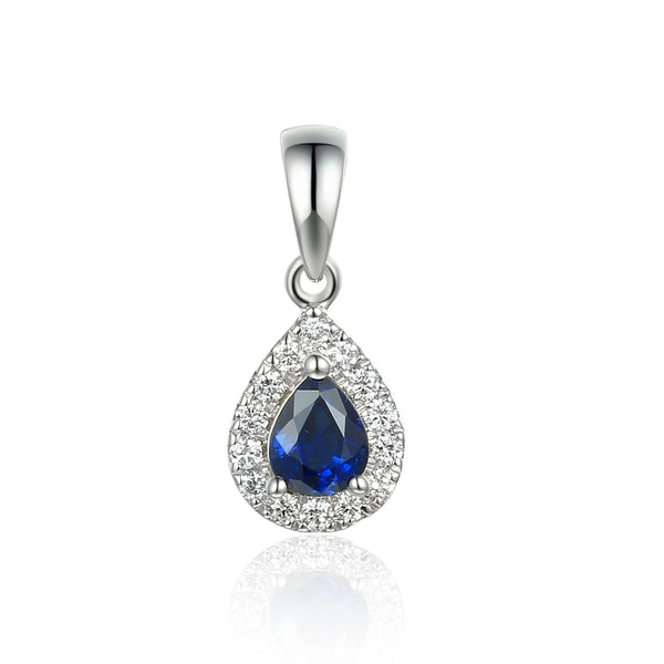 18ct White Gold 0.37ct Pear Cut Blue Sapphire And 0.12ct Diamond Halo Necklace