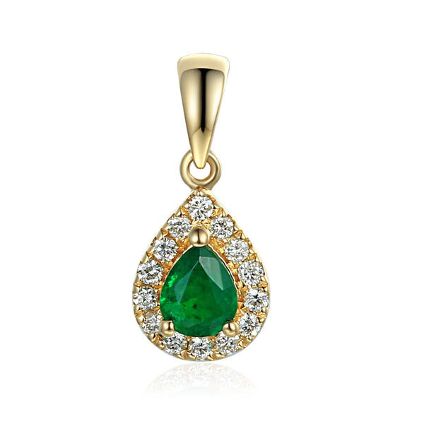 18ct Yellow Gold 0.31ct Pear Cut Emerald And 0.12ct Diamond Halo Necklace
